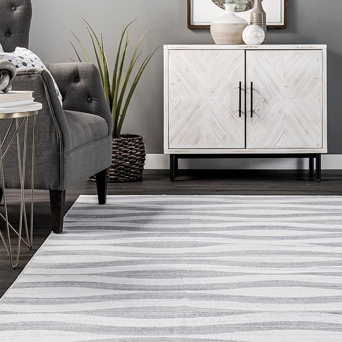 nuLOOM Kami Abstract Curves Machine Washable Ultra Thin Area Rug, 3' x 5', Light Grey - LeafyLoom