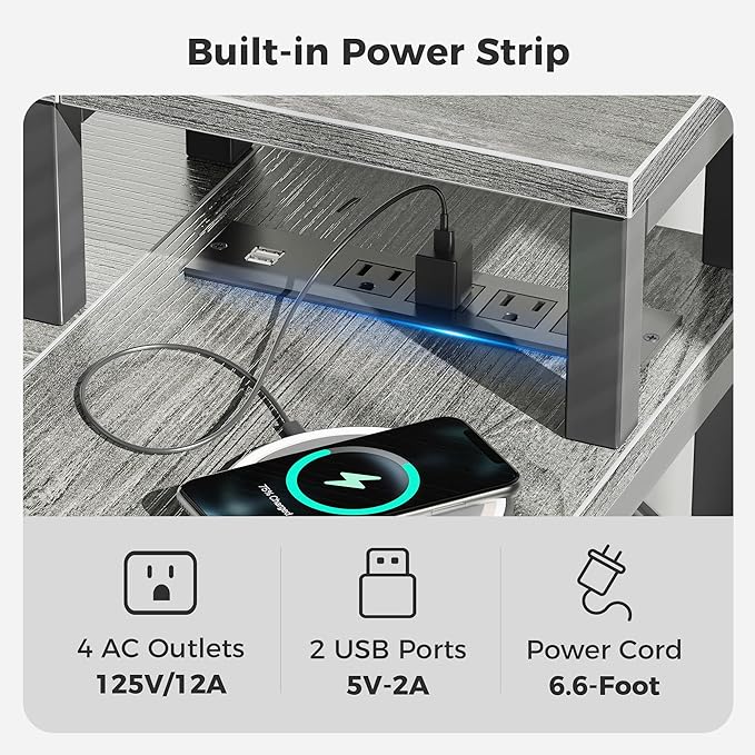 SUPERJARE 47 inch Reversible L Shaped Desk with LED Lights & Power Outlets, Computer Desk with Shelves & Monitor Stand, Gaming Desk with Drawer, Home Office Desk Corner Desk, Grey - LeafyLoom