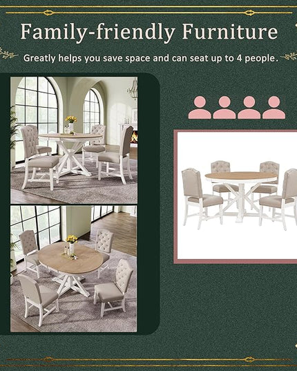 Small Dining Table Set for 4-6, Modern Round Extendable Table and Upholstered Chairs, X-Shaped Cross Base, Button Tufting Backrest, Retro Style Home Furniture for Small Spaces, Living Room - LeafyLoom