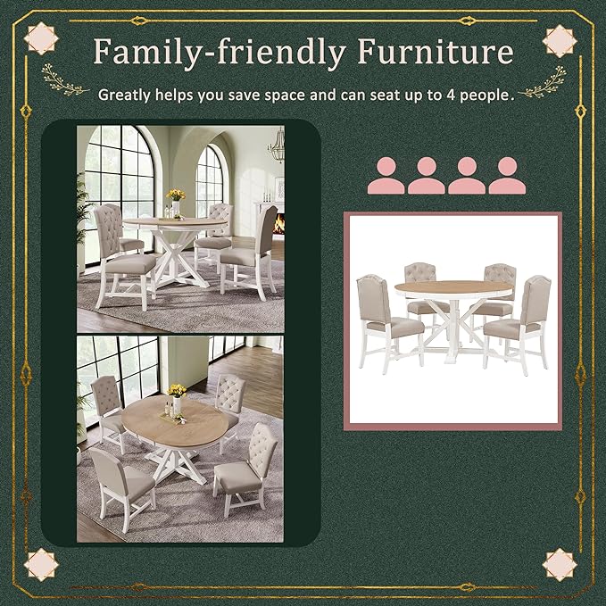 Small Dining Table Set for 4-6, Modern Round Extendable Table and Upholstered Chairs, X-Shaped Cross Base, Button Tufting Backrest, Retro Style Home Furniture for Small Spaces, Living Room - LeafyLoom