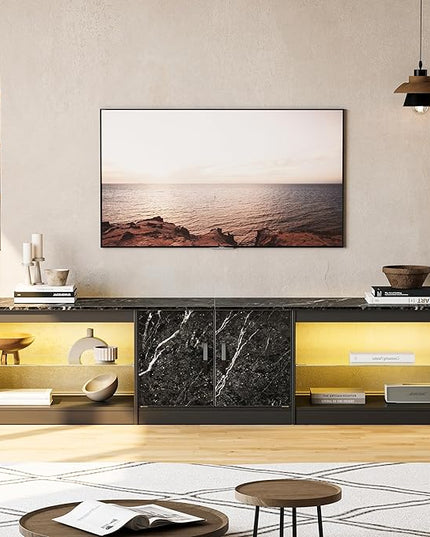 Bestier 80 Inch TV Stand for 65/75/85 inch TVs, Modern LED Entertainment Center with Storage Cabinet, Adjustable Glass Shelves ＆ Cable Management, Gaming TV Console Table for Living Room, Black Marble - LeafyLoom