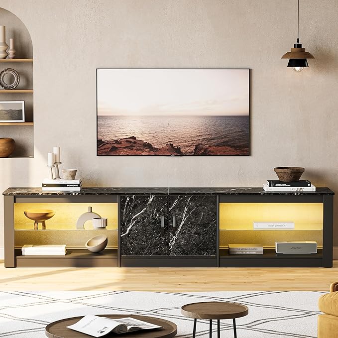Bestier 80 Inch TV Stand for 65/75/85 inch TVs, Modern LED Entertainment Center with Storage Cabinet, Adjustable Glass Shelves ＆ Cable Management, Gaming TV Console Table for Living Room, Black Marble - LeafyLoom