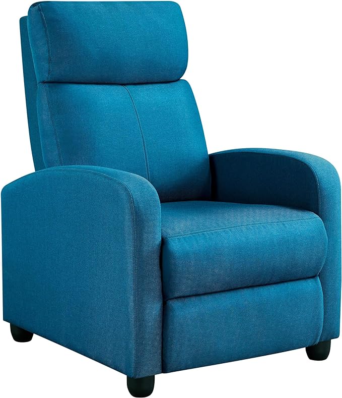 Yaheetech Fabric Recliner Sofa Modern Single Recliner Sofa Home Theater Seating with Thick Seat Cushion, Backrest and Pocket Spring, Blue - LeafyLoom