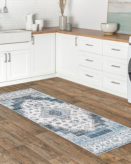 nuLOOM Dania Machine Washable Medallion Ultra Thin Runner Rug, 2' 6" x 8', Navy - LeafyLoom