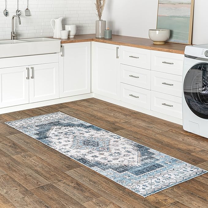 nuLOOM Dania Machine Washable Medallion Ultra Thin Runner Rug, 2' 6" x 8', Navy - LeafyLoom