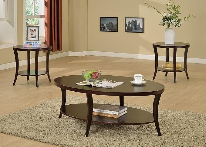 Roundhill Furniture Perth Contemporary Oval Coffee Table with Shelf, Espresso - LeafyLoom