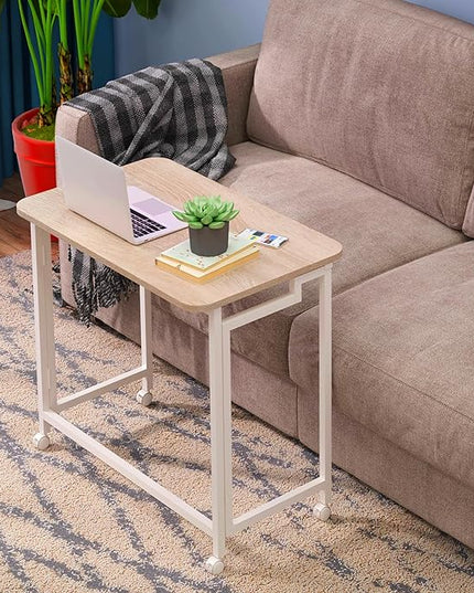 4NM 23.6" Mobile Small Folding Desk, Adjustable Rolling Compact Laptop Cart Desk, Couch Desk, Bed Desk for Laptop for Small Space Offices - Natural and White - LeafyLoom