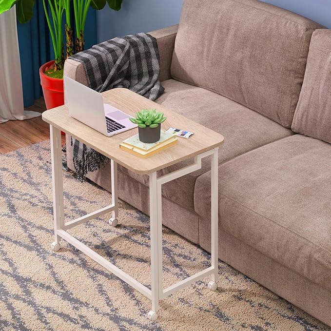 4NM 23.6" Mobile Small Folding Desk, Adjustable Rolling Compact Laptop Cart Desk, Couch Desk, Bed Desk for Laptop for Small Space Offices - Natural and White - LeafyLoom