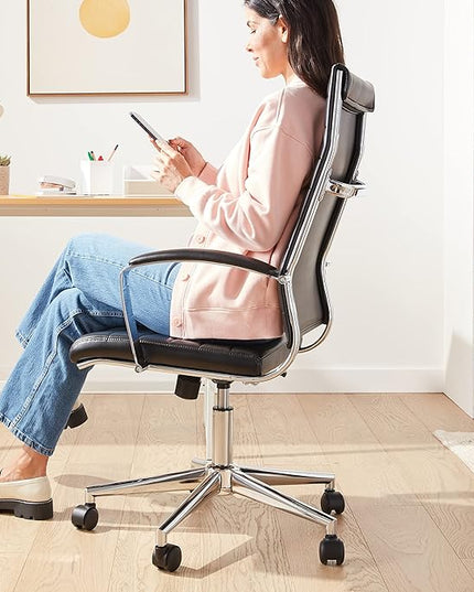 Amazon Basics Executive Modern Office Computer Desk Task Chair with Armrests, High-Back, Adjustable, Lumbar Support, 360 Swivel Rolling,330 Lb Capacity, 23.9"D x 24.69"W x 41.5"H, Black Faux Leather - LeafyLoom