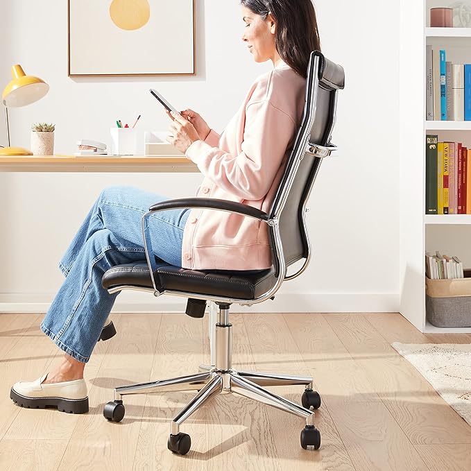 Amazon Basics Executive Modern Office Computer Desk Task Chair with Armrests, High-Back, Adjustable, Lumbar Support, 360 Swivel Rolling,330 Lb Capacity, 23.9"D x 24.69"W x 41.5"H, Black Faux Leather - LeafyLoom