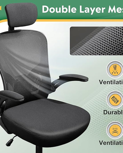 DEVAISE Mesh Computer Office Chair, High Back Ergonomic Desk Chair with Flip-up Armrests and Adjustable Headrest, Backrest and Lumbar Support, Black - LeafyLoom