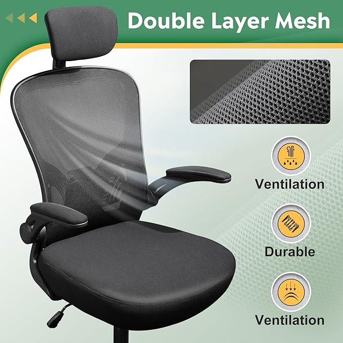 DEVAISE Mesh Computer Office Chair, High Back Ergonomic Desk Chair with Flip-up Armrests and Adjustable Headrest, Backrest and Lumbar Support, Black - LeafyLoom