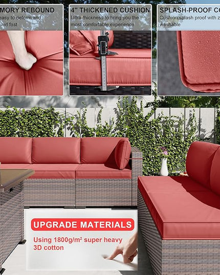 Kullavik 10 Pieces Outdoor Patio Furniture Set with 43" Gas Propane Fire Pit Table PE Wicker Rattan Sectional Sofa Patio Conversation Sets,Red - LeafyLoom