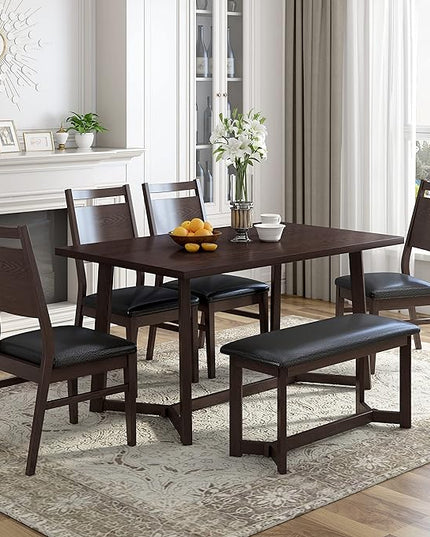 Farmhouse Style 4 Upholstered Chairs and Bench, Sturdy Wood, Easy Assembly & Clean, Room, Kitchen, Dark Brown, 6 Piece Dining Table Set - LeafyLoom