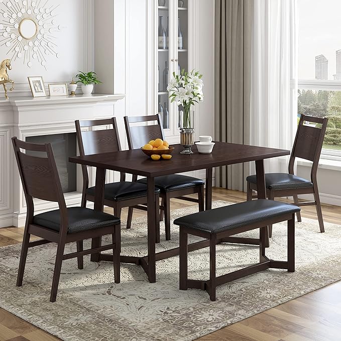 6-Piece Wood Dining Table Set with 4 PU Upholstered Chairs and Bench, Large Tabletop, for Kitchen Living Room, Farmhouse Style, Dark Brown, 59" L x 35.4" W x 30" H - LeafyLoom