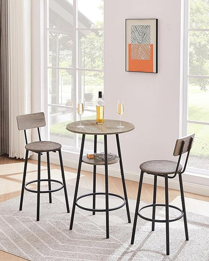 3 Pieces Bistro Table and Chairs Set, Industrial Counter Height Round Bar Table with Storage Shelf, 2 PU Upholstered Seat Stools with Backrest & Footrest, for Kitchen, Bar, Small Space, Grey - LeafyLoom
