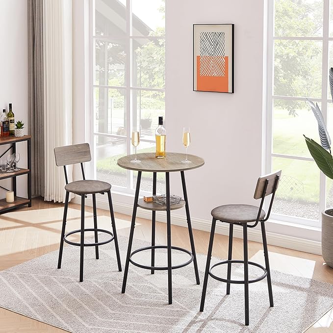 3 Pieces Bistro Table and Chairs Set, Industrial Counter Height Round Bar Table with Storage Shelf, 2 PU Upholstered Seat Stools with Backrest & Footrest, for Kitchen, Bar, Small Space, Grey - LeafyLoom