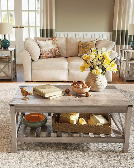 Farmhouse Coffee Table with 2-Tier Shelves - Rectangular Coffee Table with Storage for Living Room, Wood Coffee Table with Sturdy Frame, Washed Grey - LeafyLoom