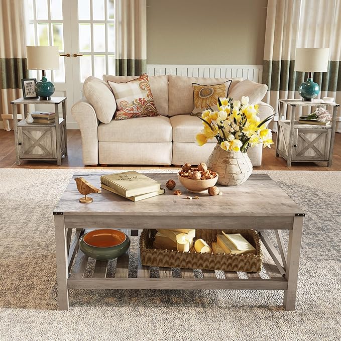 Farmhouse Coffee Table with 2-Tier Shelves - Rectangular Coffee Table with Storage for Living Room, Wood Coffee Table with Sturdy Frame, Washed Grey - LeafyLoom