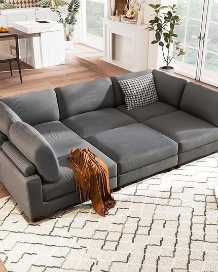 Free Combination Convertible Modular Sectional Sofa with Movable Ottomans , 163'' Oversized Corduroy Upholstered Sleeper Corner Couch Sofabed with Wooden Legs and Detachable Cushions for Living Room - LeafyLoom