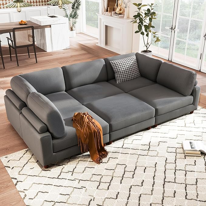 Free Combination Convertible Modular Sectional Sofa with Movable Ottomans , 163'' Oversized Corduroy Upholstered Sleeper Corner Couch Sofabed with Wooden Legs and Detachable Cushions for Living Room - LeafyLoom