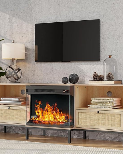 3-Sided Glass Fireplace TV Stand for TVs up to 80", Entertainment Center Electric Fireplace TV Stand with Rattan Drawers Boho Natural - LeafyLoom