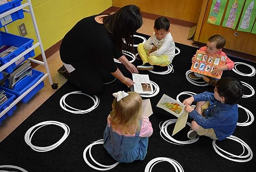 Flagship Carpets Circle Sampler Abstract Educational Area Rug for Kids Room or Childrens Classroom Carpet, Playroom or Home Learning, 7'6" x 12', Black - LeafyLoom