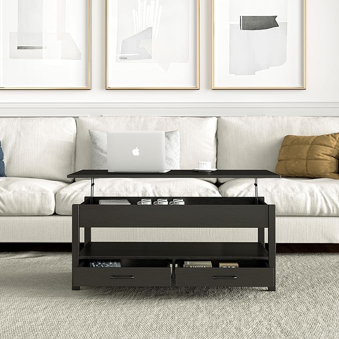 Panana Coffee Table, Lift Top Coffee Table with Hidden Compartment, 2 Drawers and 1 Open Shelf, Retro Central Wooden Table Lift Tabletop for Living Room (Black) - LeafyLoom