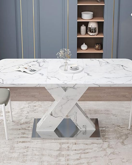 NicBex Dining Table Contemporary Kitchen Table Farmhouse Rustic Square Dining Table, Stretchable, White Marble Table Top+MDF X-Shape Table Leg with Metal Base, Easy Assembly, White - LeafyLoom