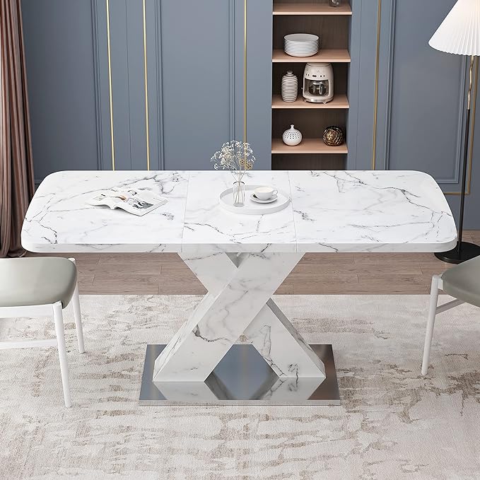 NicBex Dining Table Contemporary Kitchen Table Farmhouse Rustic Square Dining Table, Stretchable, White Marble Table Top+MDF X-Shape Table Leg with Metal Base, Easy Assembly, White - LeafyLoom