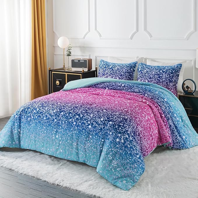 Litanika Galaxy Comforter Queen(90x90lnch), 3 Pieces(1 Blue Glitter Ombre Comforter, 2 Pillowcases), 3D Colorful Rainbow Bedding Set, Microfiber Comforter Set for Kid Boy Girl Teen - LeafyLoom