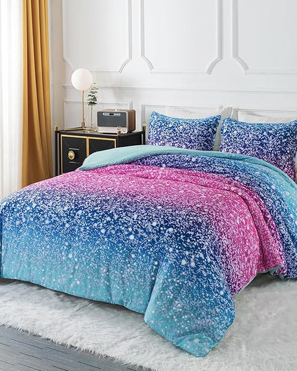 Litanika Galaxy Comforter Full(79x90lnch), 3 Pieces(1 Blue Glitter Ombre Comforter, 2 Pillowcases), 3D Colorful Rainbow Bedding Set, Microfiber Comforter Set for Kid Boy Girl Teen - LeafyLoom