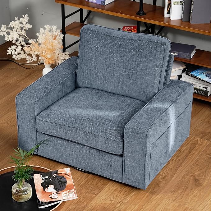 EASELAND Oversized Accent Chair, Reading Chair with Upholstered Chenille Fabric, Sofa Chair with Armrest, Single Sofa Chair for Living Room, Swivel Chair with Wooden Legs, Comfy Chair for Small Spaces - LeafyLoom