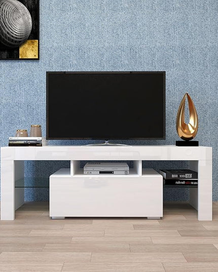 51Inch TV Stand Base, Entertainment Center Cabinet with LED Light Media Console for Living Room, Bedroom, White - LeafyLoom