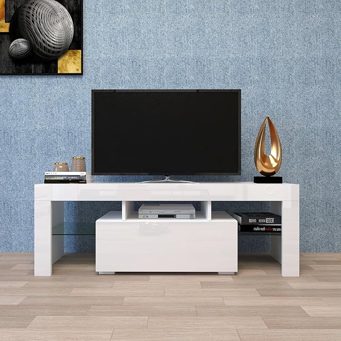 51Inch TV Stand Base, Entertainment Center Cabinet with LED Light Media Console for Living Room, Bedroom, White - LeafyLoom