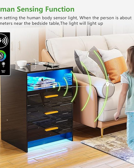 HNEBC Black Nightstand with Wireless Charging Station and Lights, 3 Drawers, Modern Bedside Table with Human Sensor for Bedroom - LeafyLoom