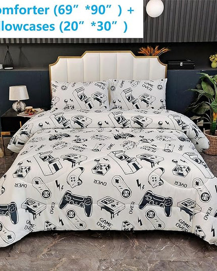 3PCS White Gamer Comforter Set Twin for Boys Girls Teens and Kids, Soft Microfiber Gamer Twin Quilt Bedding Set, Bed in a Bag Lightweight Summer Comforter, Twin - LeafyLoom