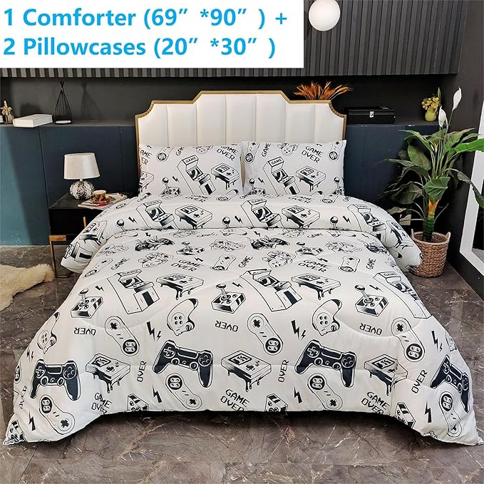 3PCS White Gamer Comforter Set Twin for Boys Girls Teens and Kids, Soft Microfiber Gamer Twin Quilt Bedding Set, Bed in a Bag Lightweight Summer Comforter, Twin - LeafyLoom