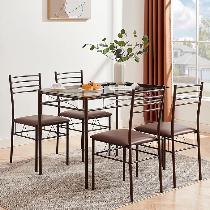 VECELO Kitchen Dining Room Table and Chairs [4 Placemats Included] 5-Piece Dinette Sets, Space Saving (Brown), 43.3" - LeafyLoom