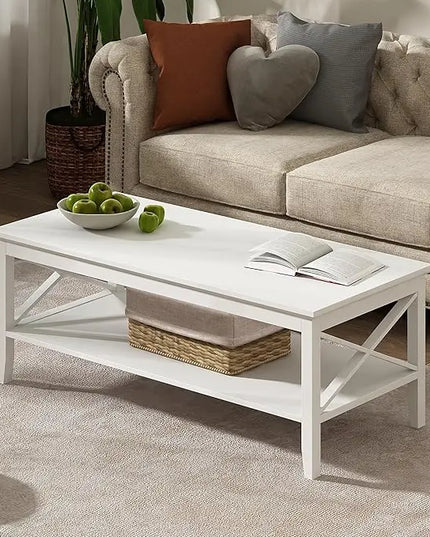 ChooChoo White Coffee Table Classic X Design for Living Room, Rectangular Modern Cocktail Table with Storage Shelf, 47 Inch - LeafyLoom
