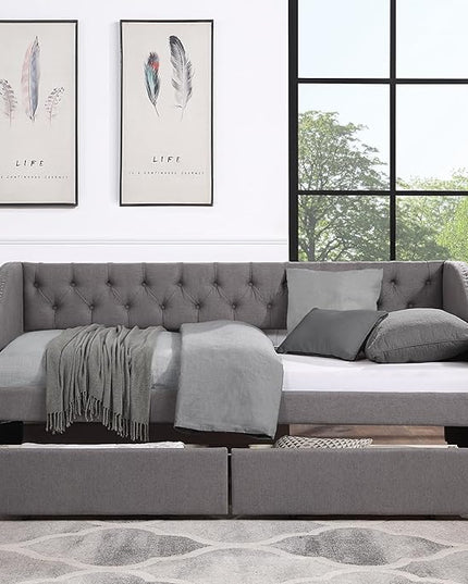 Twin Size Upholstered Daybed with Two Storage Drawers, Tufted Sofa Bed w/Nailhead Trim and Wood Slat Support, for Bedroom, Living Room, Guest Room, Gray - LeafyLoom