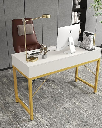 WESTREE Women Makeup Vanity Desk with 2 Drawers - Bedroom Home Office Desk, Wooden Height Monitor Stand & Storage Shelf without Mirror, White Table Great Gift for Her - LeafyLoom