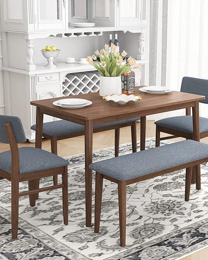 5 Piece Kitchen Dining, Wooden Rectangular Table Chairs and 2 Upholstered Bench, Retro Rustic Dinette Set for 6 People for Living Room Furniture, Walnut - LeafyLoom