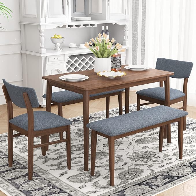 5 Piece Kitchen Dining, Wooden Rectangular Table Chairs and 2 Upholstered Bench, Retro Rustic Dinette Set for 6 People for Living Room Furniture, Walnut - LeafyLoom