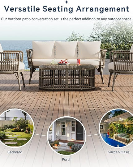 Furniture 4-Piece Outdoor Patio Conversation Seating for 5 Person and Coffee Table, Rattan Chair Wicker Sofa Bistro Sets for Porch, Backyard and Garden, Brown - LeafyLoom