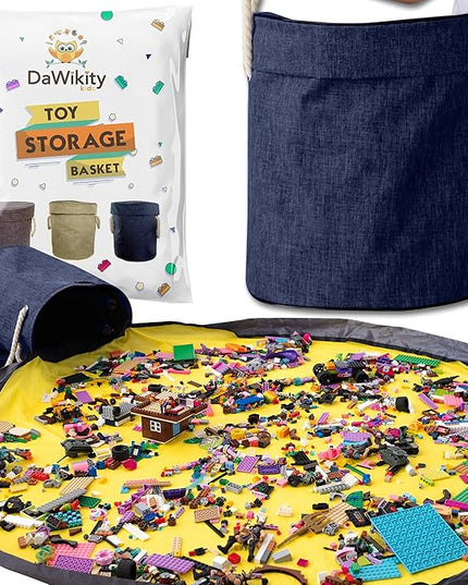 Toy Storage Basket and Play Mat - Building Bricks Toy Storage Organizer - Tidy with Ease - Toy Blocks Mat Storage Bag - Collapsible XL Kids Canvas Bag/Bin - Drawstring Playmat Boy/Girls-15"x14”(NAVY) - LeafyLoom