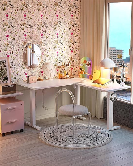 FEZIBO L Shaped Standing Desk, Electric Stand up Height Adjustable Home Office Table, Sit Stand Desk, White Top - LeafyLoom