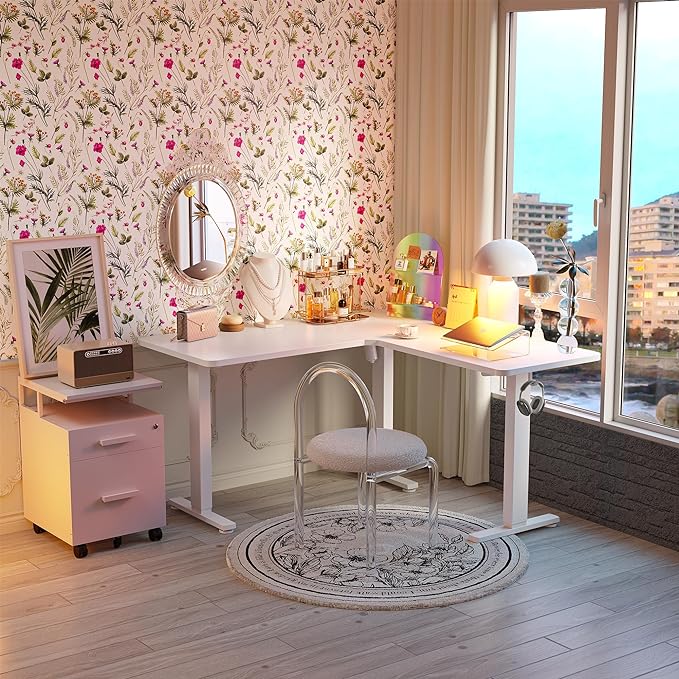 FEZIBO L Shaped Standing Desk, Electric Stand up Height Adjustable Home Office Table, Sit Stand Desk, White Top - LeafyLoom