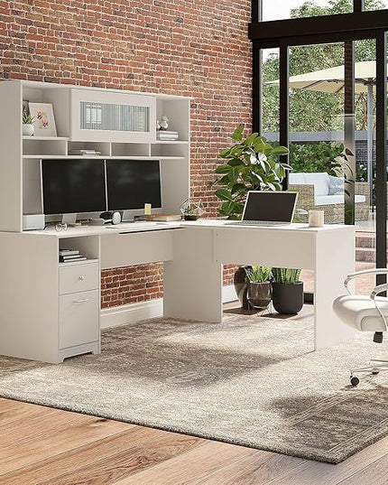 Bush Furniture Cabot Desks for Home Office with Storage and Chrome Hardware | Elegant Computer Table with Drawers, 72W, White - LeafyLoom