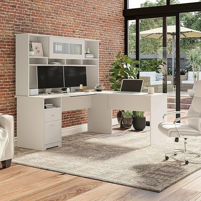 Bush Furniture Cabot Desks for Home Office with Storage and Chrome Hardware | Elegant Computer Table with Drawers, 72W, White - LeafyLoom